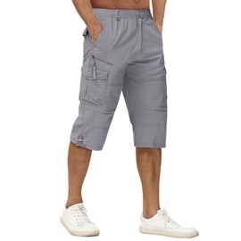 TACVASEN Work Shorts for Men Below Knee Shorts Long Shorts Elastic Waist Camping Shorts Hiking Shorts Outdoor Shorts 3/4 Capri Pants Light Grey