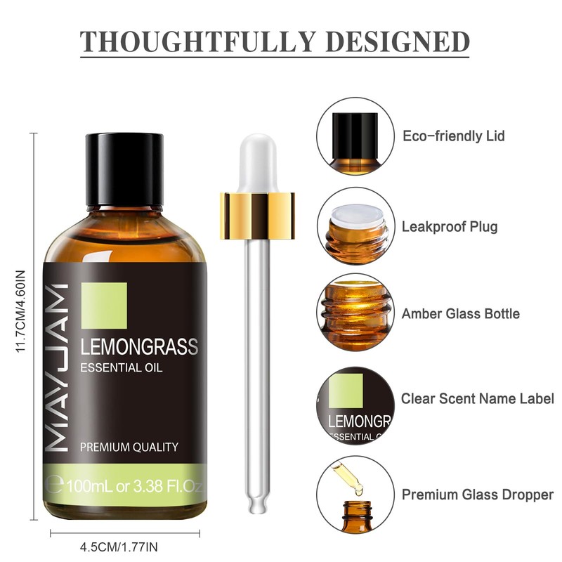 MAYJAM Essential Oil, Lemongrass 3.38 fl oz (100 ml) Aroma