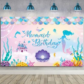Mermaid Birthday Backdrop Party Decorations Mermaid Backdrop for Girls Birthday Party Photography Background Banner Purple Pink Scales Photo Booth Props, 6 x 3 ft