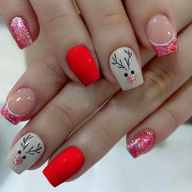 24Pcs Christmas Press on Nails Short Square, French Tips False Nails Red Glitter Glue on Nails with Cute Elk Designs, Removable Artificial Stick on Nails Acrylic Full Cover Fake Nails for Women Girls