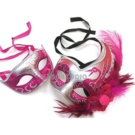 MasqStudio Couples Black Gold Masquerade Ball Mask Pair Feather Mardi Gras Party Valentines Gift for Her (Fuchsia Silver M)