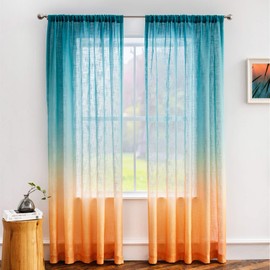 Melodieux Linen Textured Ombre Semi Sheer Curtains 84 Inches Long for Bedroom Living Room Sunset Rod Pocket Gradient Drapes, Orange Green Teal Turquoise Mint, 52 x 84 Inch (2 Panels)