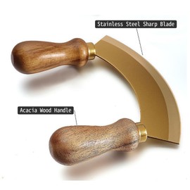 5.4 Inch Stainless Steel Mezzaluna Knife - Salad Chopper Rocker Pizza Cutter Rocker Knife Curved Blade Sharp Blade Double Acacia Wood Handle Fruit Vegetable Mincing (5.4 Inch Gold)