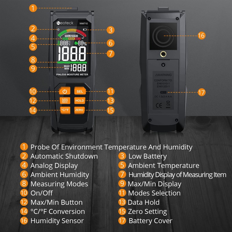 Neoteck Wood Moisture Meter Pinless Moisture Meter ±4％ Accuracy &