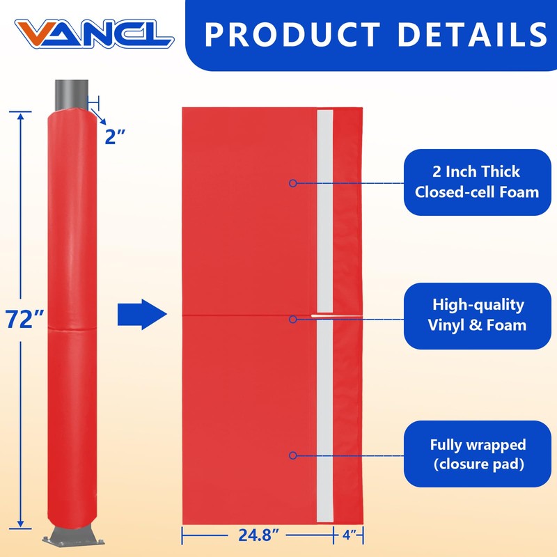 VANCL Basketball Goal Pole Pad Red– 6FT Tall, 2" Thick