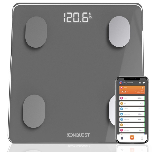 Konquest Premium Smart Digital Bathroom Scale, Wireless Bluetooth, BMI, Body Weight, Body Fat, Body Composition Analyzer with Smartphone App (400 lbs) - Cool Gray