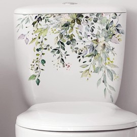 Decorative Toilet Lid Sticker, Green Leaves and Flowers Design, Self-Adhesive Waterproof Bathroom Decal, DIY Removable Waterproof Toilet Sticker for Cistern Decor Toilet Lid Decals