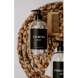 Sweet Water Decor 16 oz Clear Plastic Dispensers | Refillable Bathroom Bottles | Reusable Shower Soap Bottle with Waterproof Labels (Shampoo)