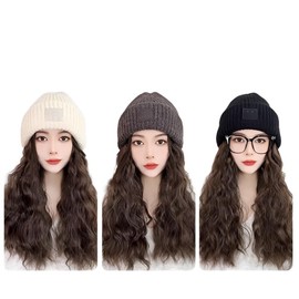 Wig with Hat, Wavy Knit Hat Wig for Women, Hat with Hair, Nape Coverage, Natural Wig, Insulating Long Curly Wig, Winter Knit Cap Wig Hat, Removable, Daily/Medical Use