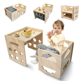 Satisure Montessori Weaning Table and Chair Set, Wooden Toddler Table and Chair Set, 1-3 Age Kids Table and Chairs with Blackboard & 3 Heights Adjustable for Eating & Drawing & Reading