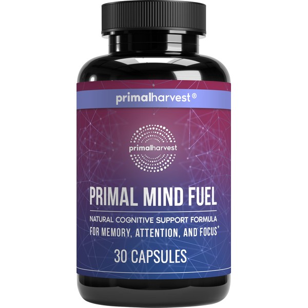 Primal Harvest Brain Supplement, Primal Mind Fuel Brain Booster for Focus, Energy, Clarity, Memory Brain Health 30 Capsules Nootropics Brain Support Supplement for Men and Women