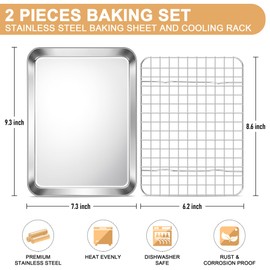 E-far Baking Sheet with Rack Set, 9.5” x 7.3” Stainless Steel Cookie Sheet Baking Pan for Toaster Oven, Mini Metal Tray with Cooling Wire Rack for Cooking Roasting, Non-toxic & Dishwasher Safe