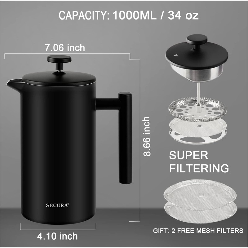 Secura French Press Coffee Maker with 3-Layer Stainless Steel Filter,