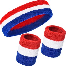 WILLBOND 3 Pieces Sweatbands Set, Includes Sports Headband and Wrist Sweatbands Striped Sweat Band for Athletic Men and Women (Red, White and Blue)