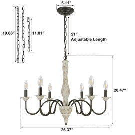 Cunfash 6-Light Wooden Farmhouse Chandelier, Rustic French Country Chandelier, Vintage Distressed Wooden Arm Light Fixture for Dinning Room, Bedroom, Kitchen Island, Cottage, Foyer, Hallway