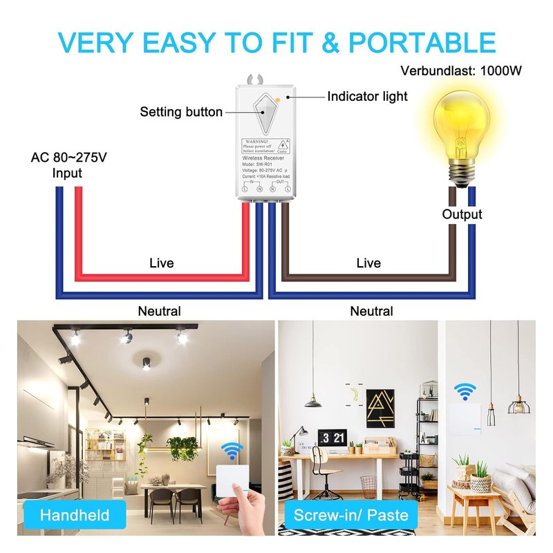 NineLeaf 3 Way Wireless Light Switch Kit, No Wiring, No