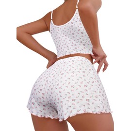 Hilinker Women's 2 Piece Floral Pajama Set Ribbed Cami Top and Shorts Sleepwear Cute Pjs White Pink Floral Large