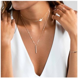 Allereya Vintage Layered Bar Dove Choker Necklace Vertical Bar Pendant Necklace Gold Peace Dove Collar Necklace Geometric Stick Necklace Chain Jewelry for Women and Girls