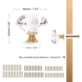 CZC HOME 25 PCS Crystal Glass Pull Handle Cupboard Cabinet Knobs Drawers Shutters Dressers Bathroom (40mm, Gold)