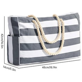AIMALL Bohemian Striped Beach Bag with Double Zipper and Outer Pockets, Durable Canvas Polyester, Large Capacity, Ideal for Outdoor and Vacation, 18.9 x 16.5 x 5.5 Inches