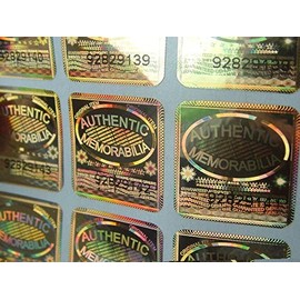 100 Memorabilia Specific Tamper-Evident Gold Hologram Security Labels with Unique Serial Number Per Label