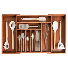 KitchenEdge Premium Silverware, Flatware and Utensil Organizer for Kitchen Drawers, Food-Safe Contract Grade, Expandable from 16 to 28 In, Natural Acacia