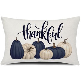 GTEXT Fall Pillow Cover 12x20 inch Navy Blue Pumpkins Throw Pillow Cushion Case Thankful Autumn Decor Thanksgiving Outdoor Decorative Recotangle Linen Farmhouse Decor for Sofa Bed Couch