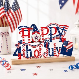 4th of July Decorations, Happy 4th of July Metal Table Sign with Wooden Base, Red White and Blue Patriotic Decor, Independence Day Tabletop Centerpiece for Home, Office, Shelf, Mantel, Indoor (4th of July)