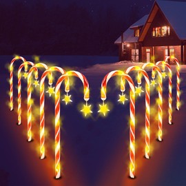 Christmas Candy Cane Lights Outdoor - 10 Pack 21 Inch Christmas Pathway Lights with Stars Waterproof for Yard Walkway Patio Outside Decoration