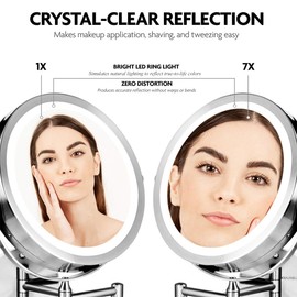 Ovente Lighted Wall Mounted Makeup Mirror 8.5 Inch 1X 7X Magnifier 360 Degree Circle LED Double Side Extendable Flex Pull Bathroom Decor Shave Large 4 AAA Battery Operated Polished Chrome MFW85CH1X7X