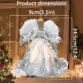 LAMPHOME 12‘’15LED Christmas Tree Topper Angel with Lights, Xmas Tree Toppers Decorations Ornament with White Feather Wings, Battery Operated Christmas Tree Angel Treetop for Indoor Office Holiday