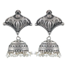 Indian Kundan Bollywood Traditional Ethnic Bridal Bride Wedding Gold Plated CZ Stones Jhumka Chandbali Dangle Pearl Earrings Jewelry (Grey) (Silver 1)