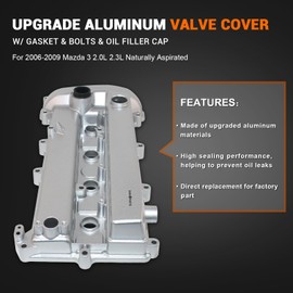 XUNUOPARTS 2.0L 2.3L Aluminum Valve Cover Compatible with 2006-2009 Mazda 3 Replace# L3N5-10-210C L3N5-10-210A L3N5-10-210B L3N510210C L3N510210A L3N510210B