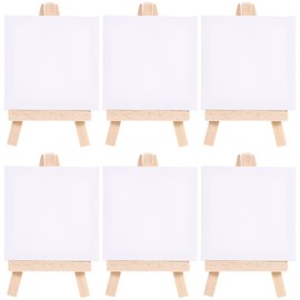 Cabilock 6 Sets Kids Mini Stretched Canvas with Easel Small Art Blank White Canvas Artist Tripod Tabletop Holder Stand Flat Canvas Boards for Painting Party Kids Crafts Oil Acrylic Paints Signs Photos