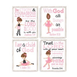 Ballerina in Pink Christian Nursery or Little Girls Room Set of 4 Unframed Prints with Bible Verses