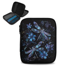 Hechitok Dragonfly Flower Empty Crochet Hook Case Portable Travel Crochet Storage Bag Organizer Zipper Bags with Web Pocket and Crochet Holder Slots for Crochet Knitting Accessories