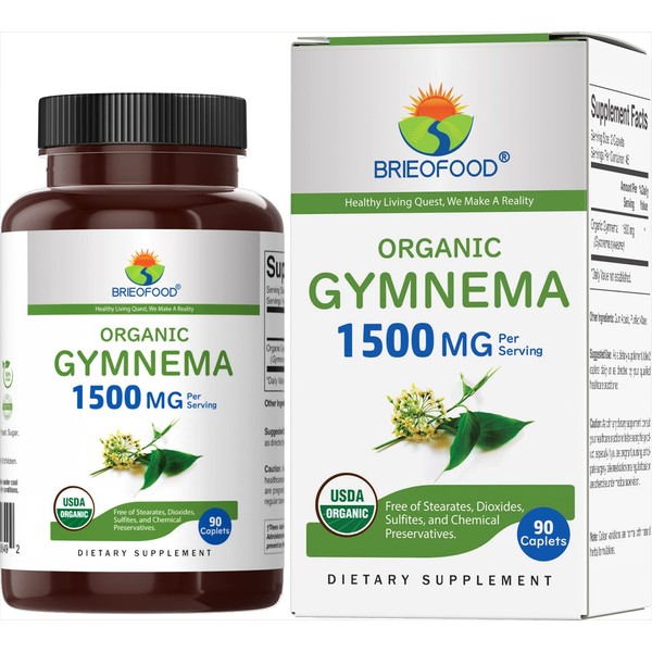 Brieofood Organic Gymnema 1500mg, 45 Servings, Vegetarian, Gluten Free, 90 Vegetarian Tablets