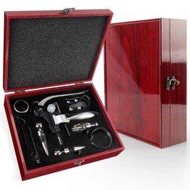 Wine Bottle Opener Corkscrew Set, 9 pieces Wine Accessories Set in Shiny Wooden Box – Wine Opener Kit with Wine Stopper, Aerator Pourer, Wine Ring, Thermometer, Foil Cutter and Extra Spiral