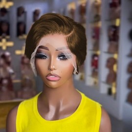 PangDongLai Pixie Cut Lace Front Wigs Human Hair 13x4x1 Lace Frontal Wigs Chocolate Brown 4# for Daily Use Short Straight Bob Wigs Pixie Cut Wigs For Black Women (4# chocolate brown)