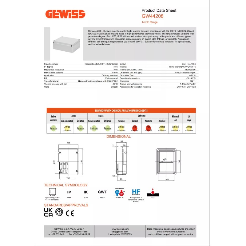 GEWISS GW44208 Junction Box With Plain Screwed LID - IP56