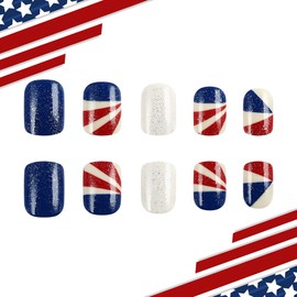 24PCS Short Square Press On Nails, Independence Day Fake Nails, 4th of July Press on False Nails with Stripe Designs July Fourth Blue White Glitter Acrylic Full Cover Glue on Stick on Nails for Women