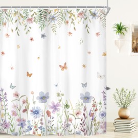 Riyidecor Extra Long Colorful Wildflower Floral Shower Curtain for Bathroom Decor 72Wx84H Flowers Spring Botanical Plants Leaves Butterfly Art Printed Fabric Polyester Waterproof 12 Pack Plastic Hooks
