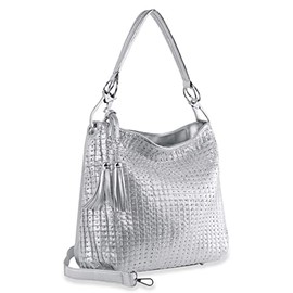 Rhinestone Accent Studded Vegan Leather Pleated Hobo Tote Handbag Shoulder Bag (Silver)