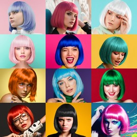 Light Blue Short Bob Wigs Straight Hair with Flat Bangs Heart Sunglasses for Women, Colorful Funny Cosplay Party Neon Wig Synthetic Natural As Real Carnival Halloween Costume Party Favors