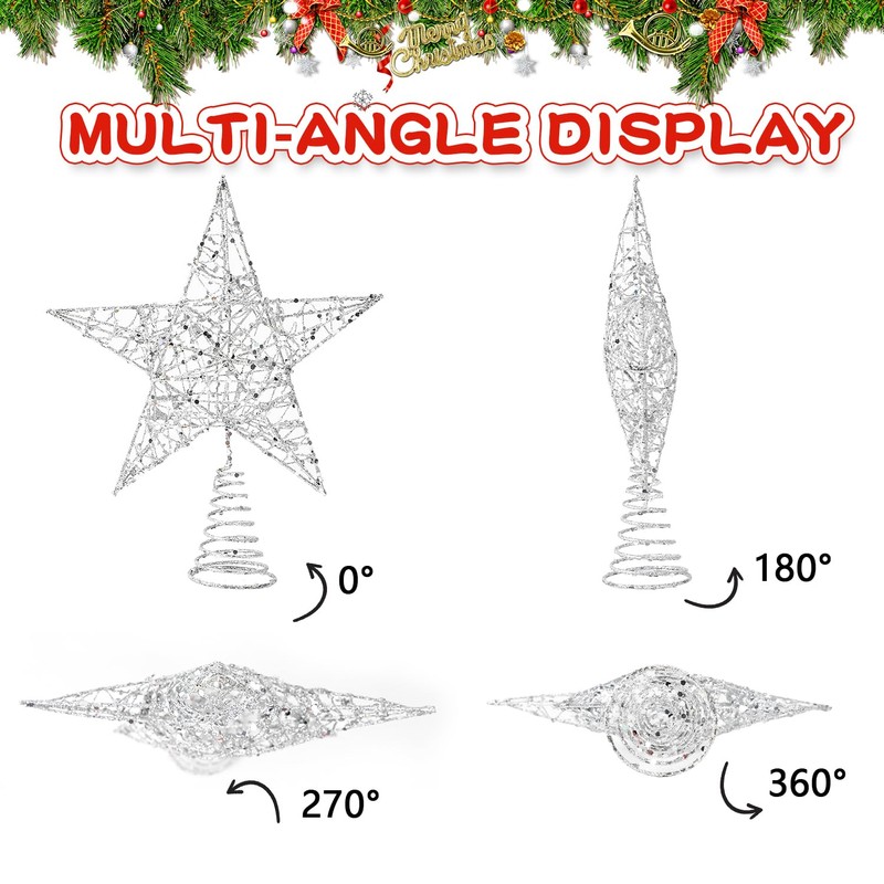 VEYLIN Christmas Tree Topper, Silver Glittered Hollow Christmas Tree Topper