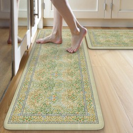 Collive Anti Fatigue Mats for Kitchen Floor, Waterproof Non Skid Kitchen Rugs Sets of 2 Vintage Floral Desk Rug, Foam Comfort Standing Mat for Office, Sink, Laundry, Light Green