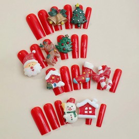 Christmas Press on Nails Long Square Fake Nails Full Cover False Nails with Cute Elk Santa Claus Charm Designs Red Extra Long Acrylic Nails Winter Xmas Candy Cane Artificial Stick on Nails for Women
