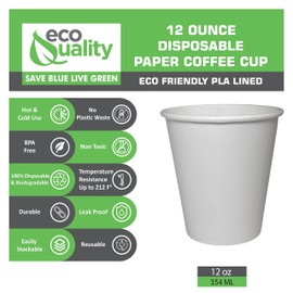 EcoQuality 12 oz White Hot Drink Paper Cups - Disposable Paper Coffee Cups, Recyclable, Compostable, Great for Office, Breakrooms, Restaurants, Coffee Shops, Tea Shops, Latte, Chai (50)