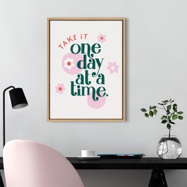 Kate and Laurel Sylvie Take It One Day At A Time Framed Canvas Wall Art by Maria Filar, 18x24 Natural, Inspirational Floral Art for Wall