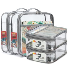 4 Pack Clear PVC Zippered Toy Storage Bags for Toy, Kids Toy, Building Blocks, Puzzle, Clay, Board Game Storage Organizer Travel Waterproof Bliss Bins With Name Tag Pocket (Gray, L & M)